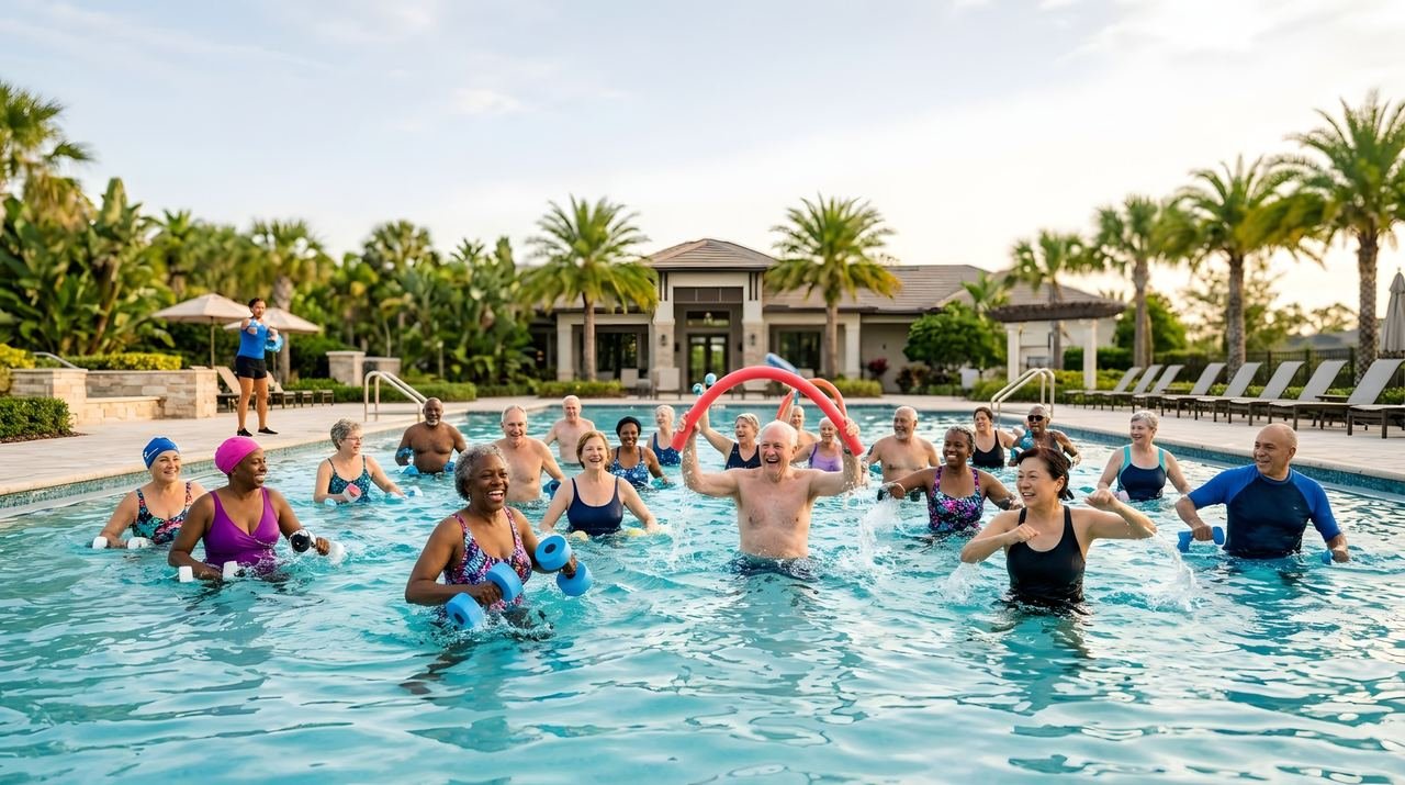A large group of older adults in an outdoor aqua fitness class with dumbbells and pool noodles